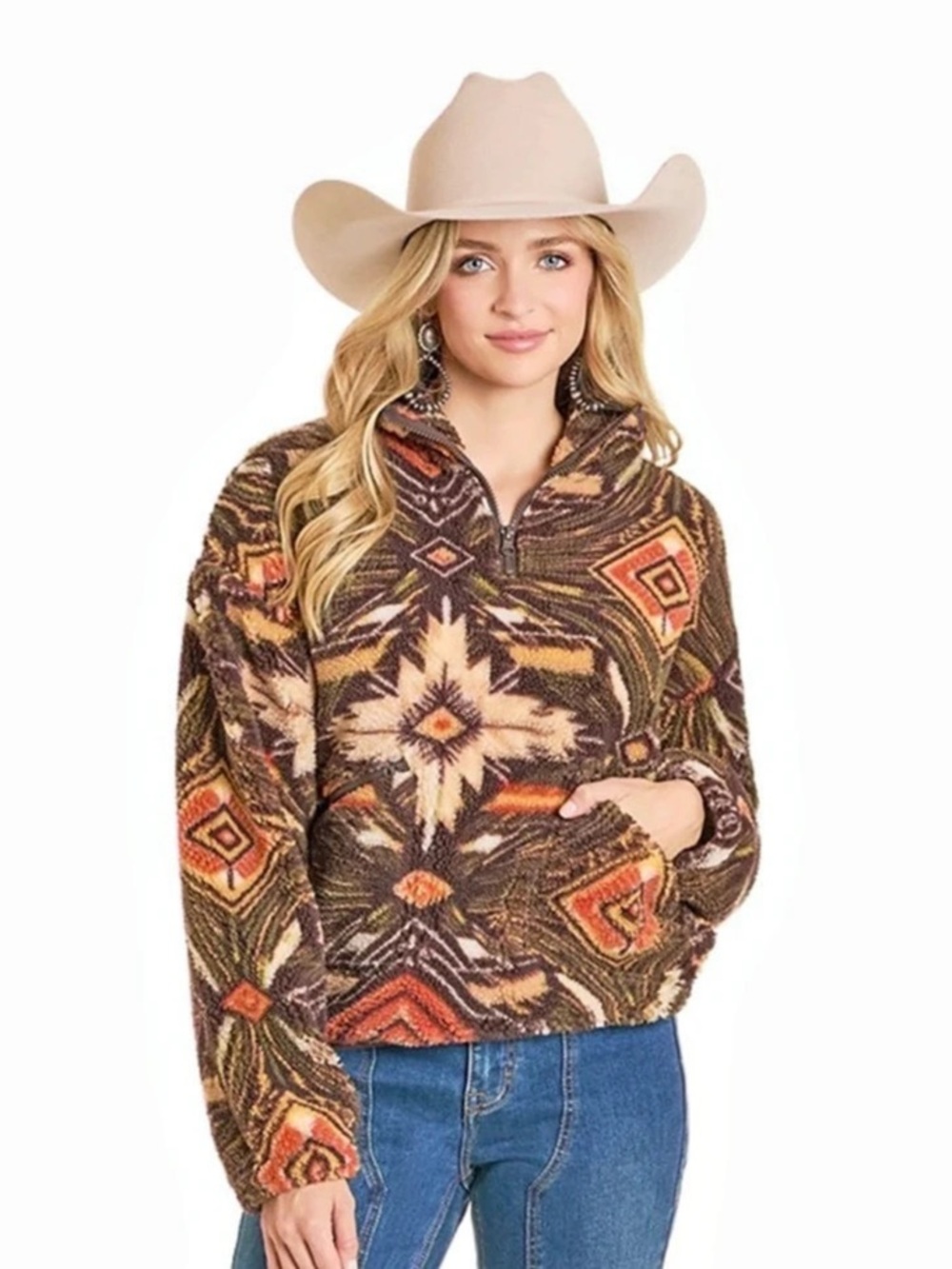 Rock & Roll Cowgirl Denim Olive Aztec 1/4 Zip Pullover Women's Large